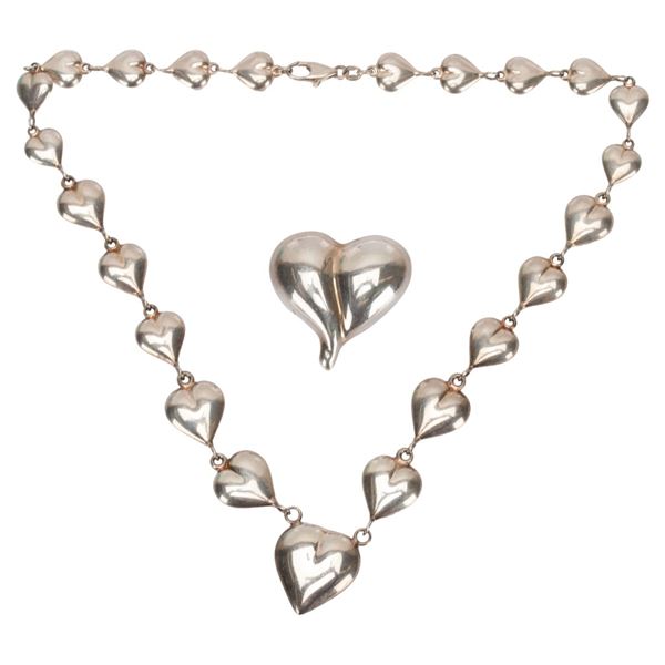 Sterling Figural Heart Jewelry - Choker, Brooch
