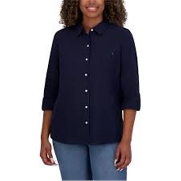 NEW TOMMY HILFIGER LARGE WOMENS NAVY DRESS SHIRT