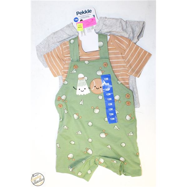 NEW PEKKLE 3PC 12M OVERALL BODYSUIT & T-SHIRT SET