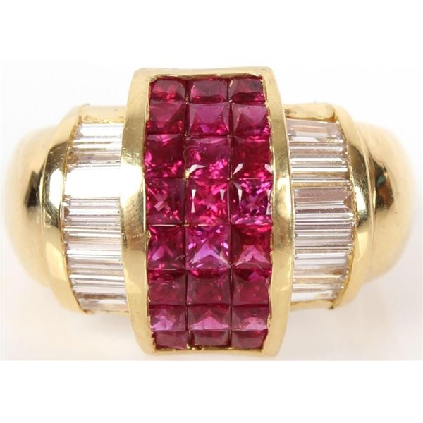 LADIES 18K YELLOW GOLD DIAMOND & RUBY RING