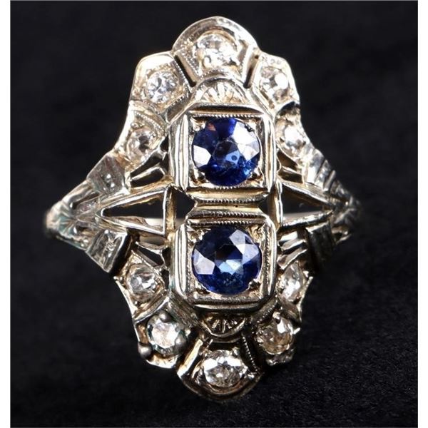 ART DECO 18K WHITE GOLD DIAMOND LONDON TOPAZ RING