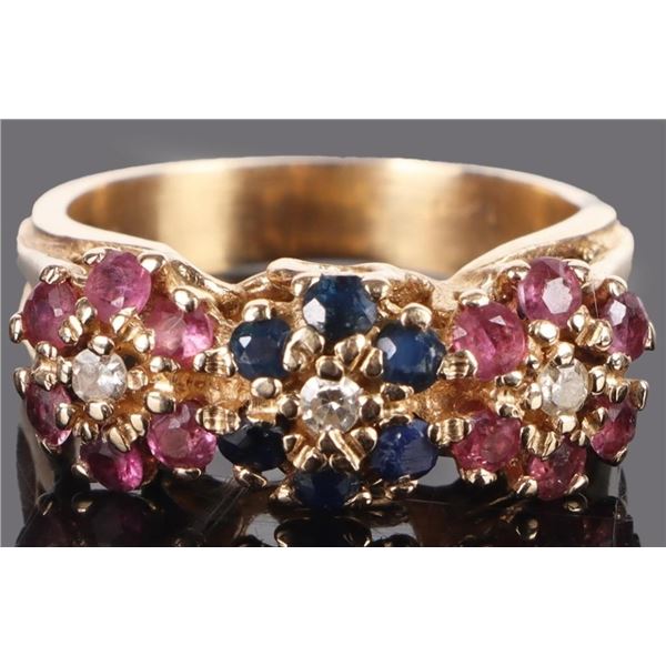 RUBY, SAPPHIRE & DIAMOND 14K YELLOW GOLD RING
