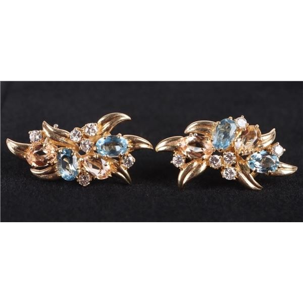 14K YELLOW GOLD DIAMOND TOPAZ AQUA LADIES EARRINGS