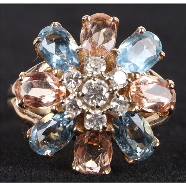 14K YELLOW GOLD DIAMOND TOPAZ AQUA LADIES RING