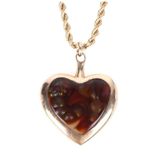 FIRE AGATE 14K YELLOW GOLD HEART PENDANT NECKLACE