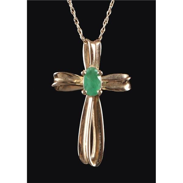 10K YELLOW GOLD EMERALD CROSS LADIES NECKLACE