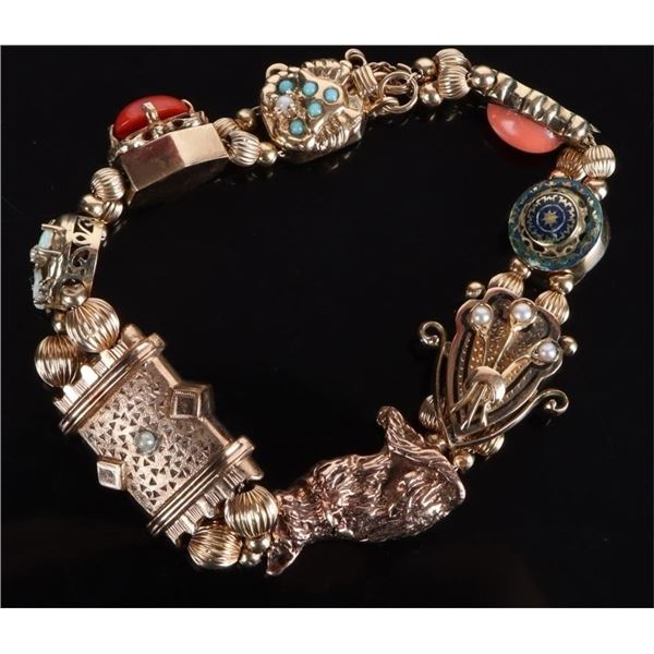 ANTIQUE 14K YELLOW GOLD CHARM SLIDE BRACELET