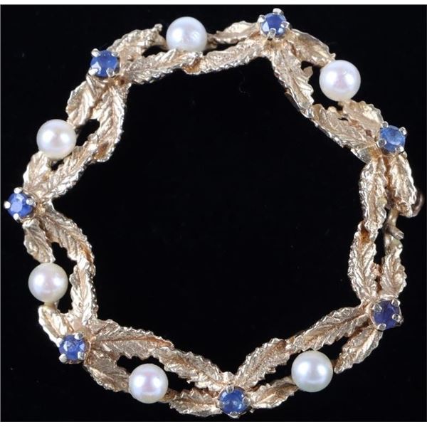 VINTAGE 14K YELLOW GOLD PEARL SAPPHIRE BROOCH