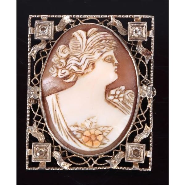 ANTIQUE 14K YELLOW GOLD DIAMOND CAMEO BROOCH
