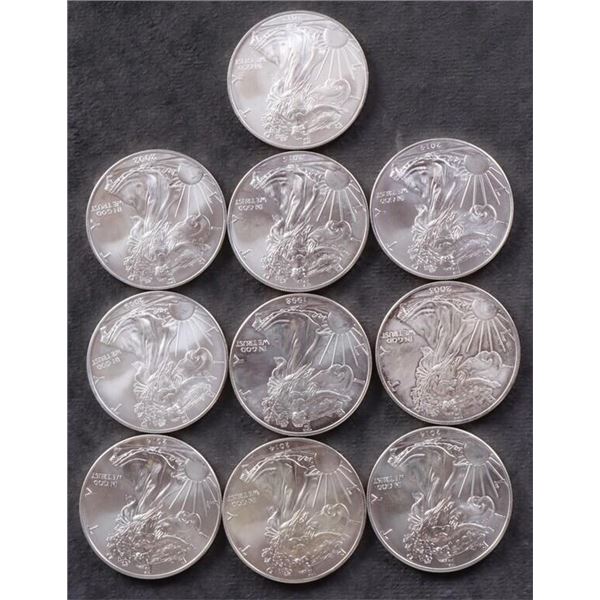 ASSORTED FINE SILVER TYPE 1 AMERICAN EAGLES - (10)