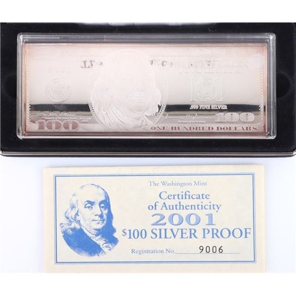 2001 FINE SILVER 4 OZT PROOF $100 BULLION W/ COA