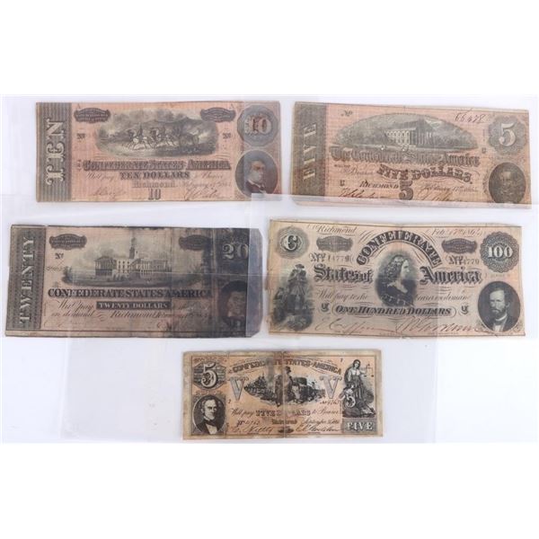 ASSORTED CONFEDERATE BANKNOTES 1861-1864 - (5)