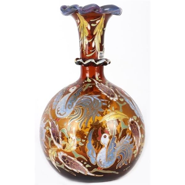 VINTAGE ROYO ENAMELED GLASS BIRD AMBER VASE