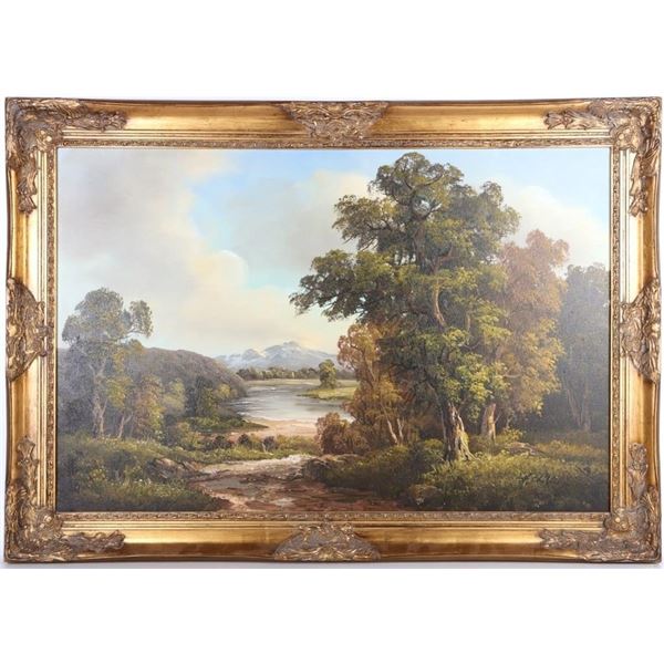 HUGE H. CHILTON OIL LANDSCAPE PAINTING 41 X 30"