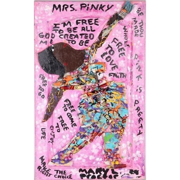 MARY L. PROCTOR "MRS. PINKY" OIL ON DOOR COLLAGE