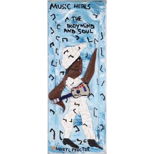 MARY L. PROCTOR "MUSIC HEALS" OIL ON DOOR COLLAGE