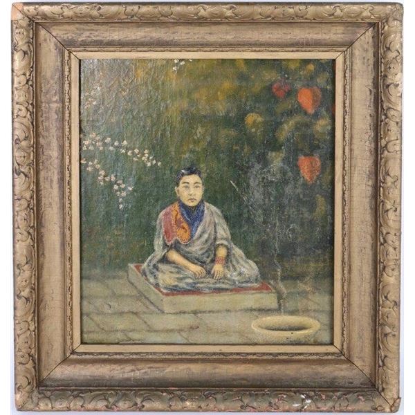 OIL ON BOARD DEPICTING AN ASIAN MAN MEDIATING