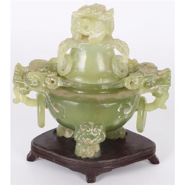 SOLID JADEITE ASIAN CARVED INCENSE BURNER W/ STAND
