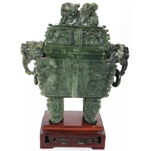 ANTIQUE CHINESE SPINACH JADE CARVED INCENSE BURNER