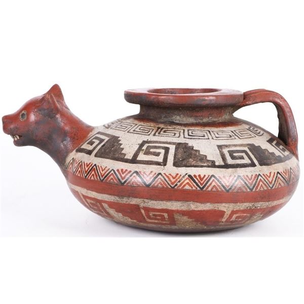 PRE-COLUMBIAN CERAMIC FOX STIRRUP SPOUT BOTTLE
