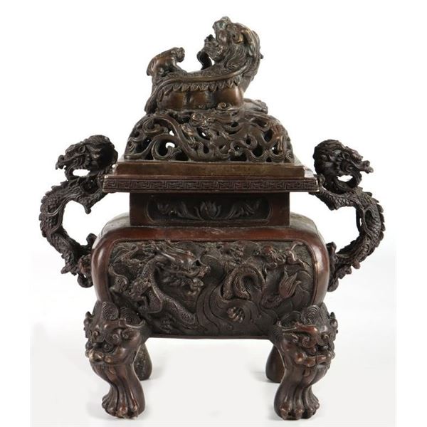 ANTIQUE CHINESE BRONZE IMPERIAL DRAGON CENSER