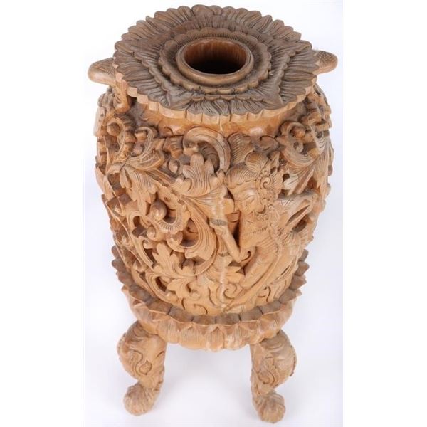 HAND-CARVED ORNATE BALINESE WOODEN VASE