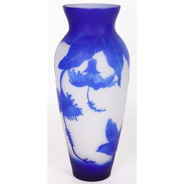 E. GALLE COBALT & WHITE 11.5" SIGNED HIBISCUS VASE