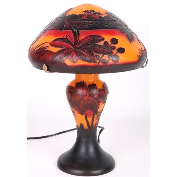 GALLE STYLE NOVEAU CAMEO RED ORANGE PALM LAMP