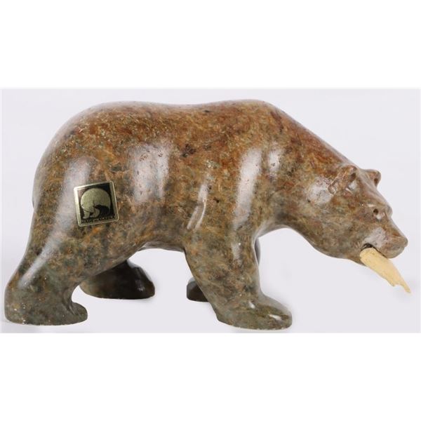 ALASKAN SOAPSTONE CARVING BEAR WITH FISH WALKING