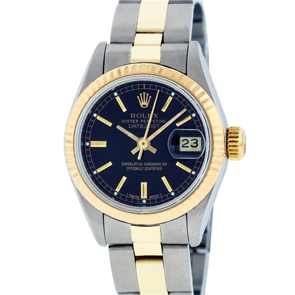 Rolex Ladies 2T Yellow Gold & Stainless Steel Black Index 26MM Oyster Band Flute
