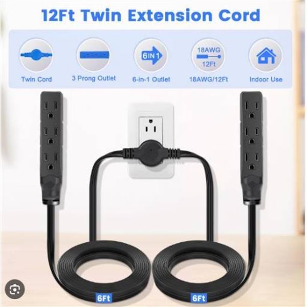 12Ft Twin Extension Cord with 6 Outlets and 18AWG Power Cable