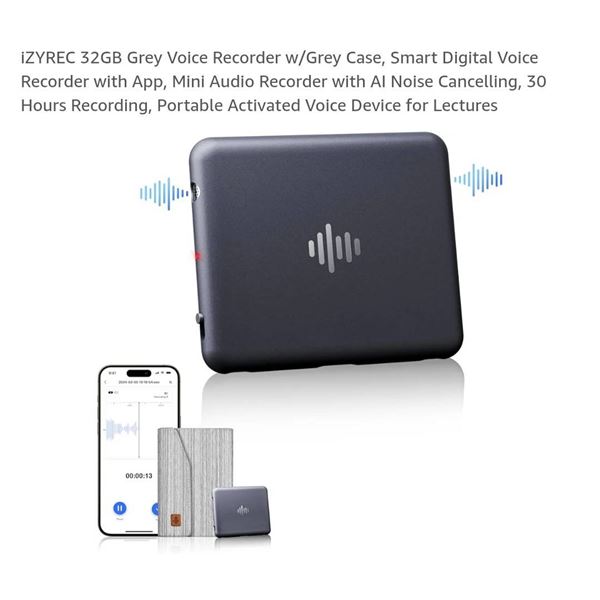 IZYREC 32GB Grey Voice Recorder w/Grey Case, Smart Digital Recorder w/AI Noise Cancelling