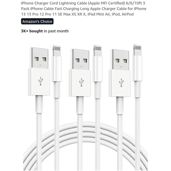 Phone Charging Cable Lightning Connector, 3-Pack, 6/6/10 Feet