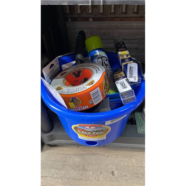 Blue Pail with Assorted Tools, Pest Repellent, and Adhesive Products