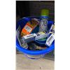 Image 2 : Blue Pail with Assorted Tools, Pest Repellent, and Adhesive Products