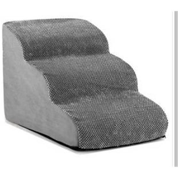 Three-Step Pet Stairs With Grey Woven Cover and Leather Badge