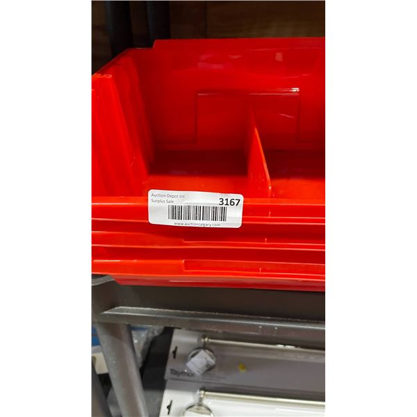 Red Plastic Storage Bin with Divider and Barcode Label