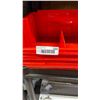 Image 1 : Red Plastic Storage Bin with Divider and Barcode Label