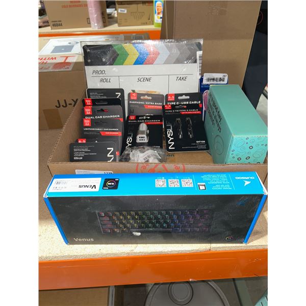 Electronics and Accessories Bundle Featuring Keyboard, Chargers, and Miscellaneous Items