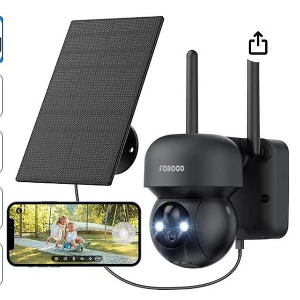 FOAOOD 2K Security Camera Wireless Outdoor Solar, 360Â° PTZ Camera Surveillance Exterieur, Color Nig