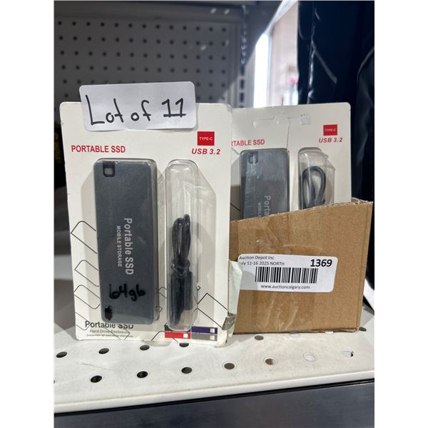 Lot of 11 Portable SSDs USB 3.2, 64GB Storage Capacity