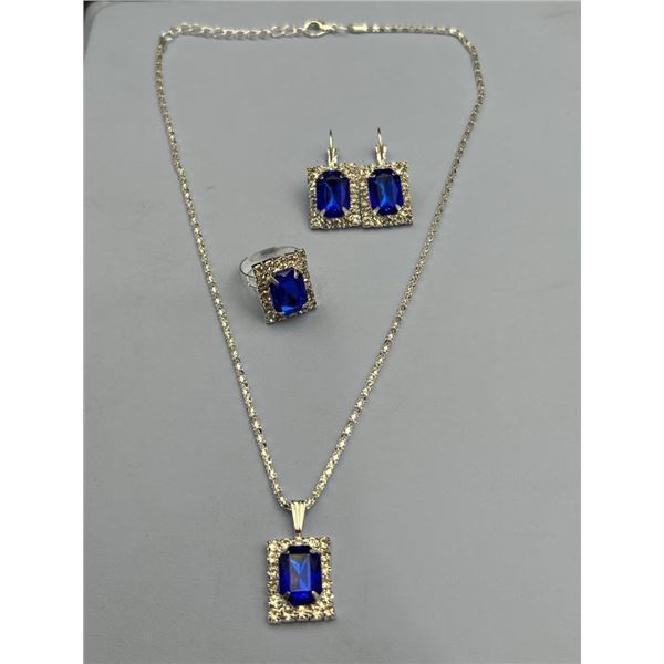 Matching Jewelry Set with Blue Gemstones  Necklace, Earrings, and Ring