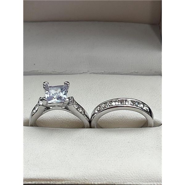 Sterling Silver Engagement and Wedding Ring Set with Square-Cut Stone