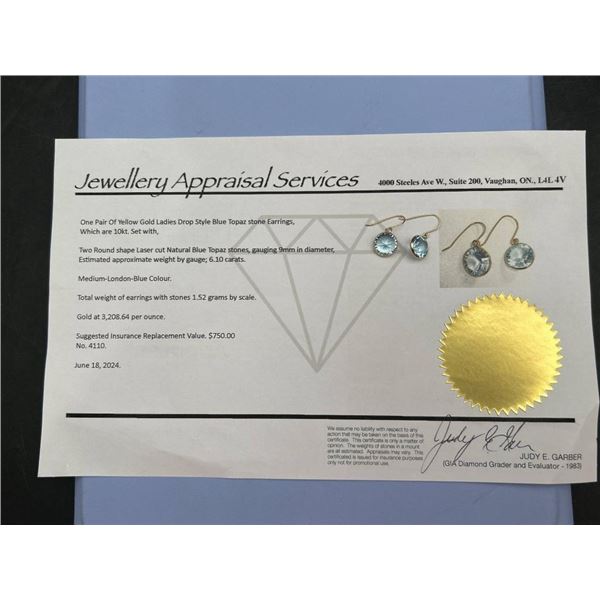 $750  10 K Gold Blue Topaz Appraised Earring set with certificate
