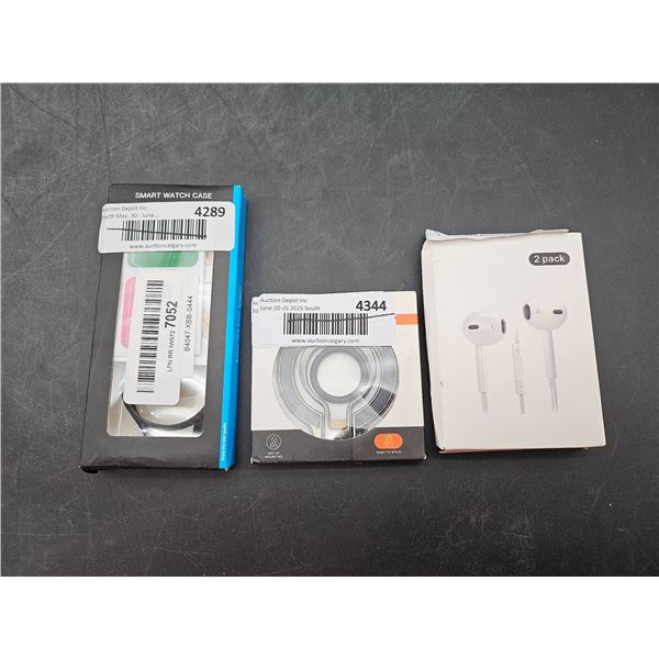 Smart Watch Case, Earphones (2 Pack), and Circular Item in a Lot