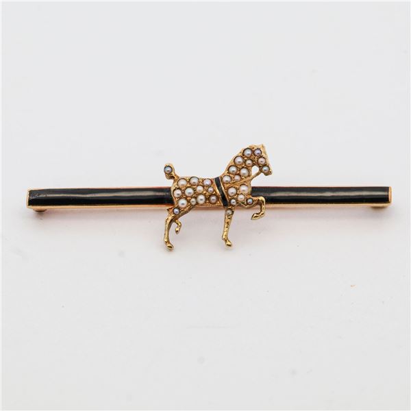 Antique 1920s 12k gold seed pearl horse brooch