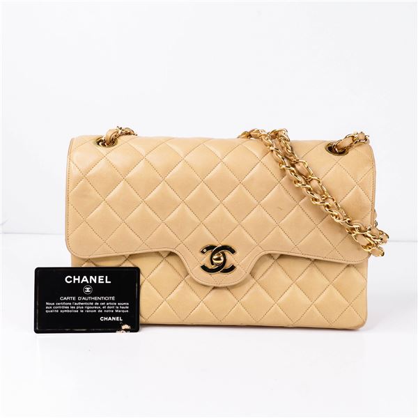 CHANEL Matelassé Beige Lambskin 25 Double Flap Bag w/ COA