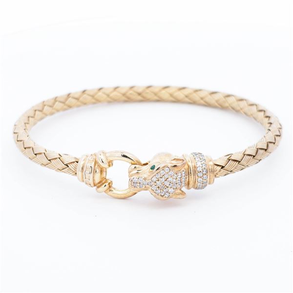Estate Basket Weave Panther Bangle with Emeralds and Diamonds