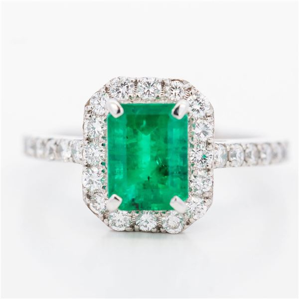 GIA Platinum 1.63ct Colombian Emerald & 0.67ctw Diamond Halo Ring, 7