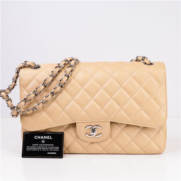 CHANEL Beige Caviar Skin Matelassé 30 Flap Bag, 10th Series w/Card